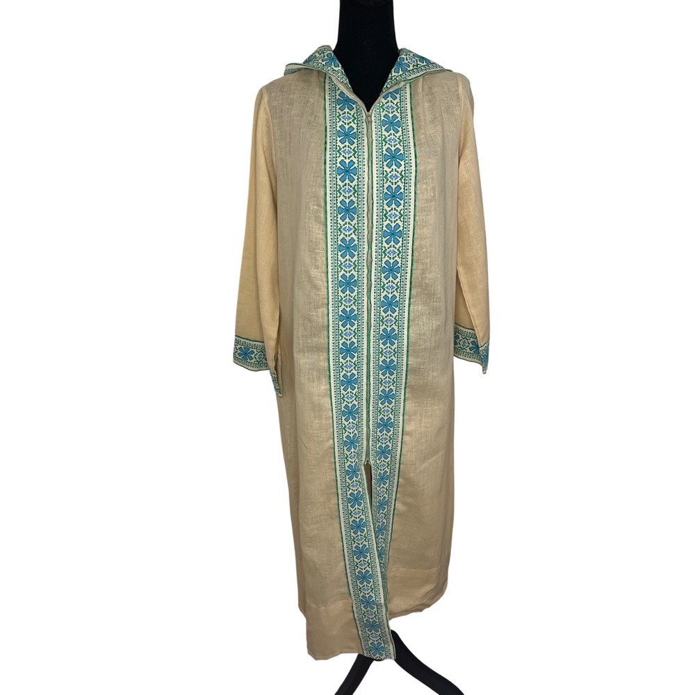 Vintage Sears Womens Hooded Kaftan Robe Beige Blue Green Embroidered Zip Up 70's